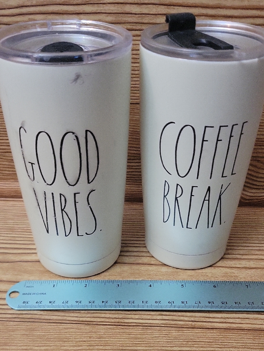 RAE DUNN stainless Travel Tumblers - 'Good Vibes' & 'Coffee Break' - Cream